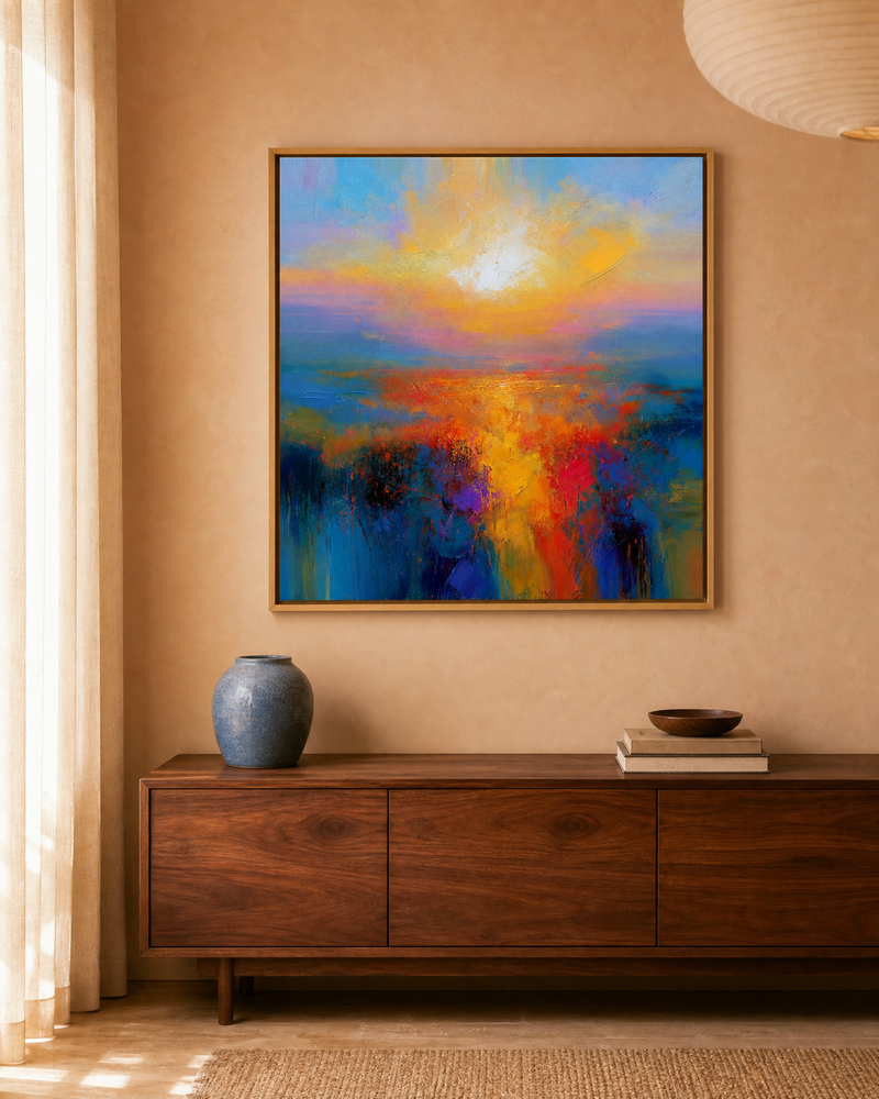 A gold and violet abstract painting hanging above a wooden console, showing how warm and cool colour meet in a room.