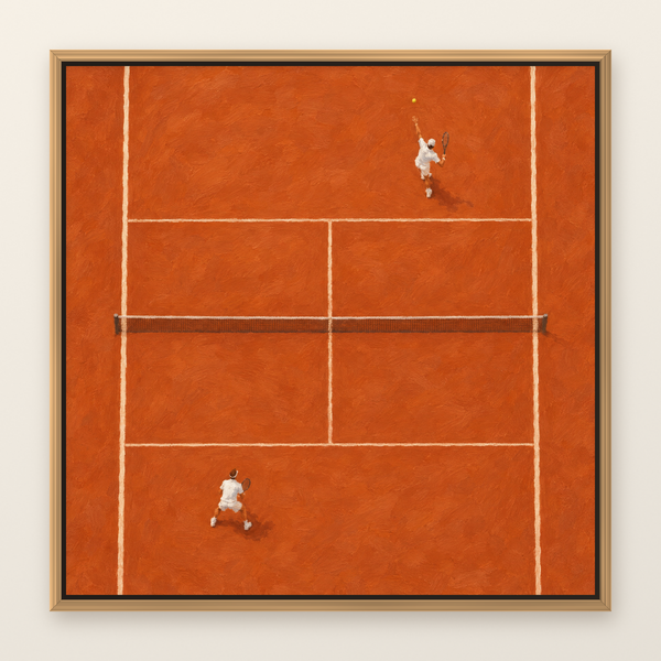 Clay court tennis oil painting in a slim oak floater frame