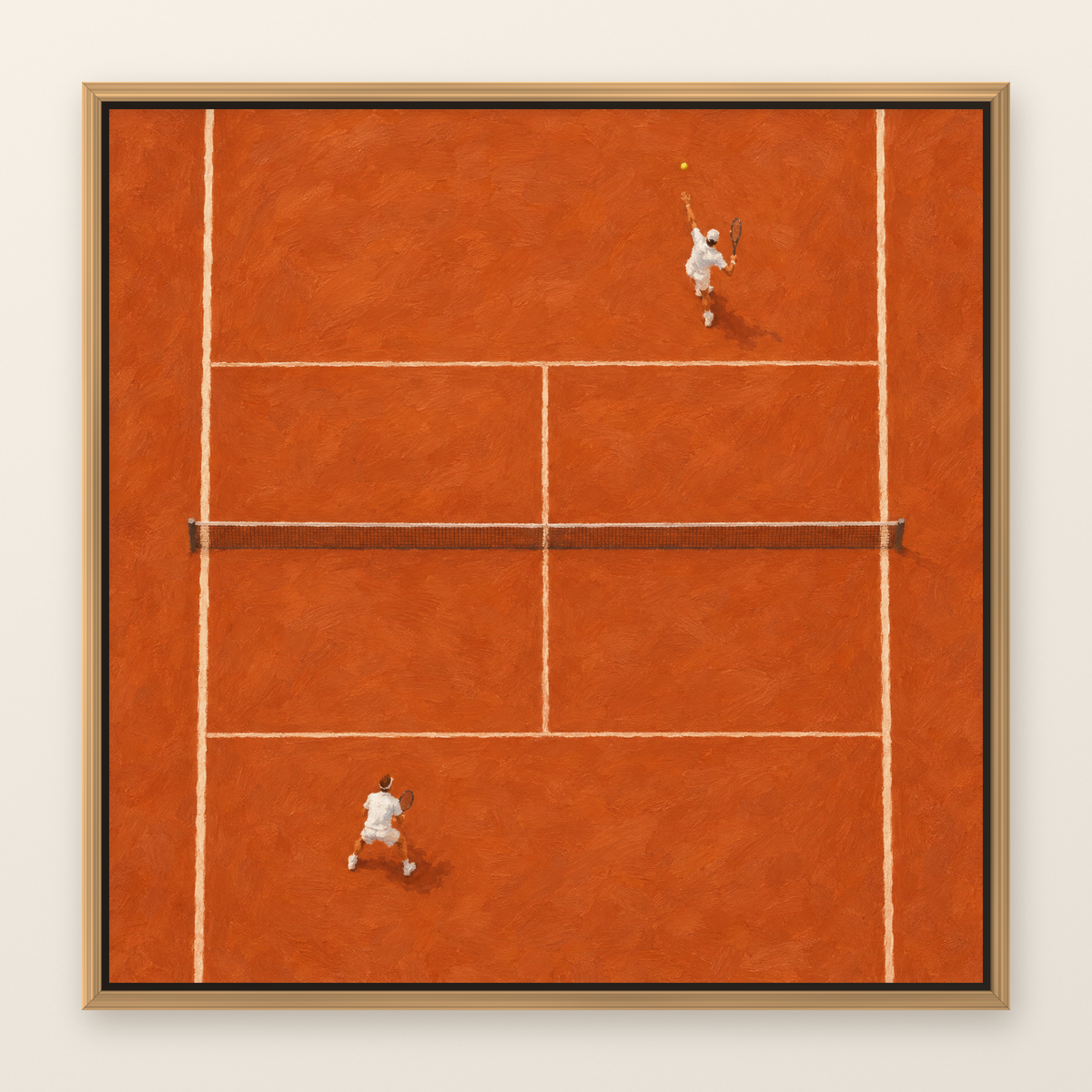 Clay court tennis oil painting in a slim oak floater frame