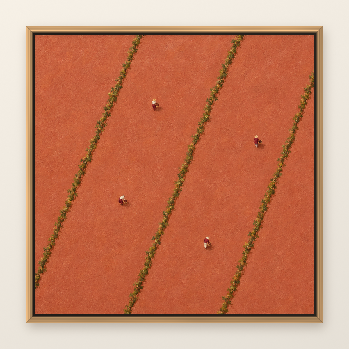 Aerial vineyard oil painting with tiny grape pickers between vine rows, shown in a slim oak floater frame on a warm white wall