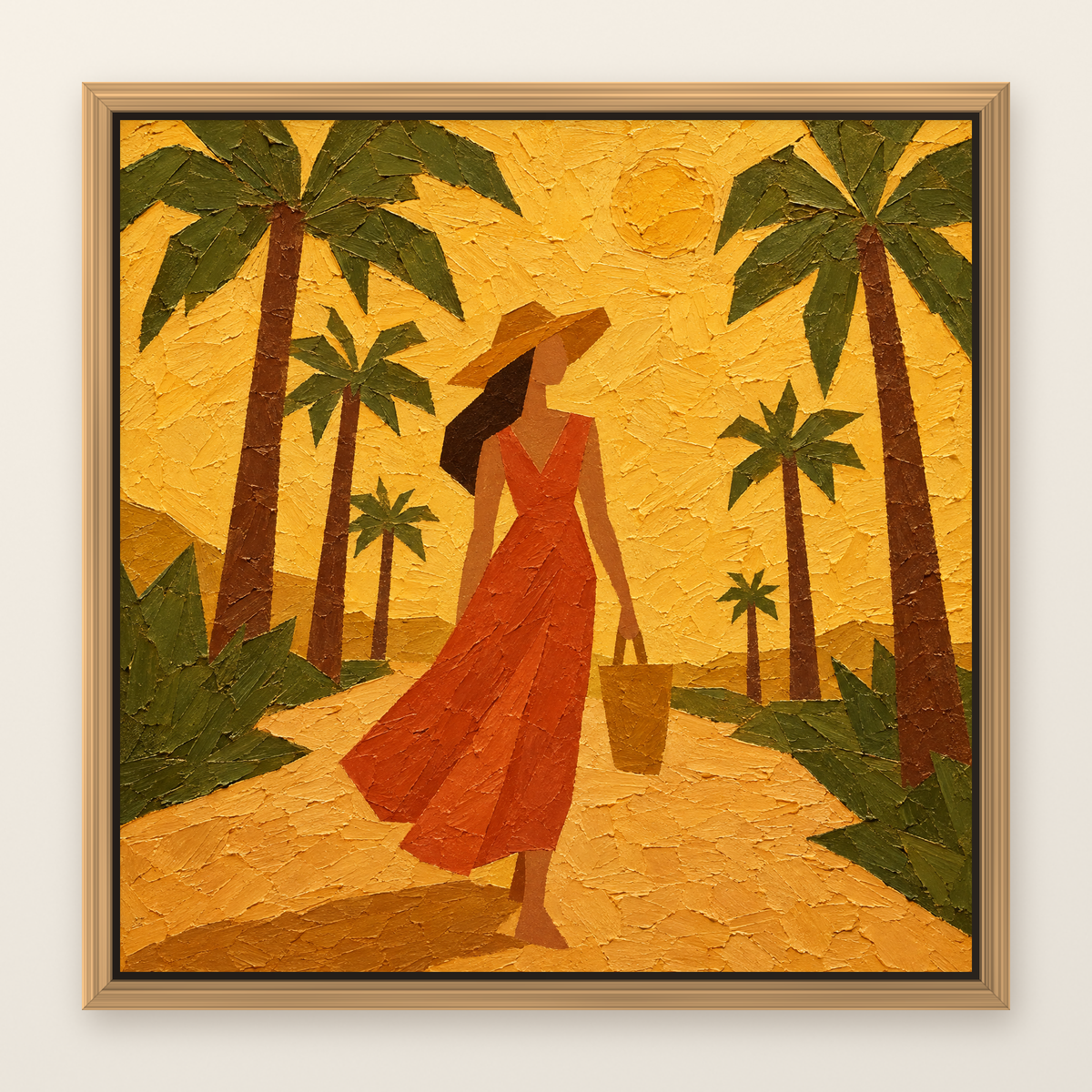 Oil painting of a woman in a terracotta dress walking under palm trees, shown in a slim oak floater frame on a warm white wall