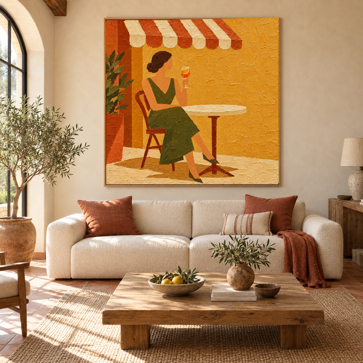 Oversized 72x72 inch cafe terrace oil painting of a woman with an orange spritz above a sofa in a sunlit Mediterranean villa living room
