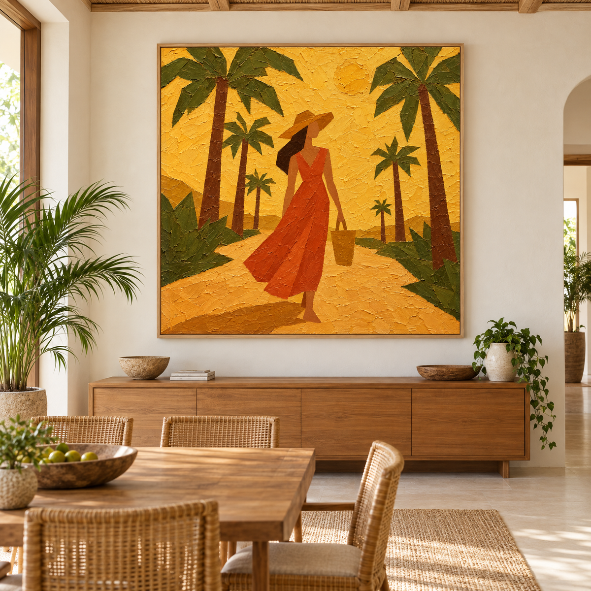 Oversized 72x72 inch oil painting of a woman in a terracotta dress walking under palm trees above a sideboard in a tropical resort-style dining room