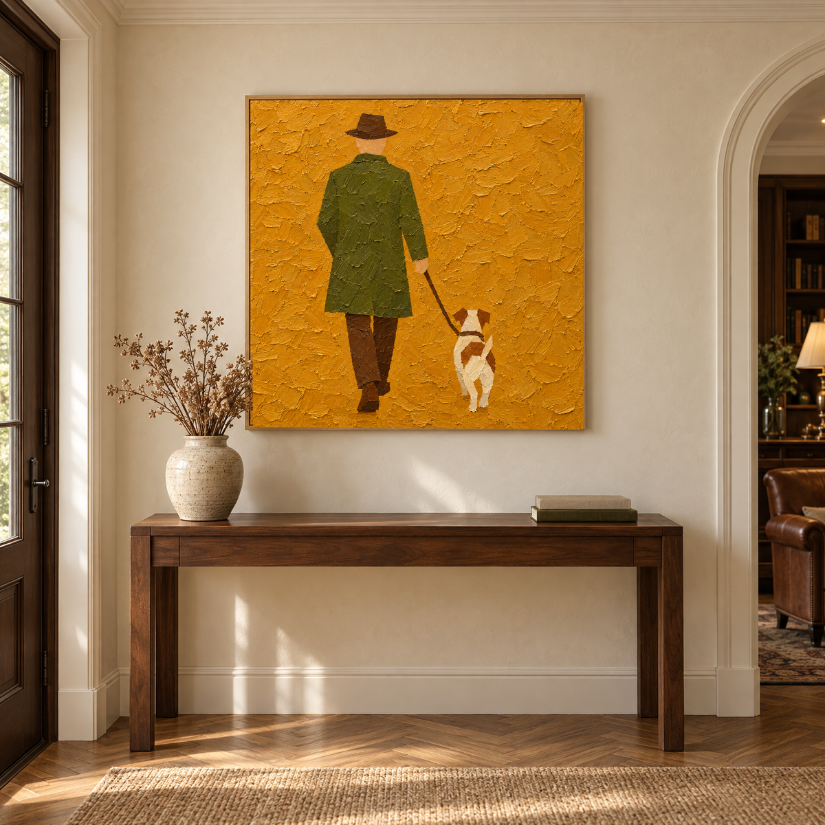40x40 inch oil painting of a man in an olive coat walking a small dog above a console table in a classic clubhouse-style entryway