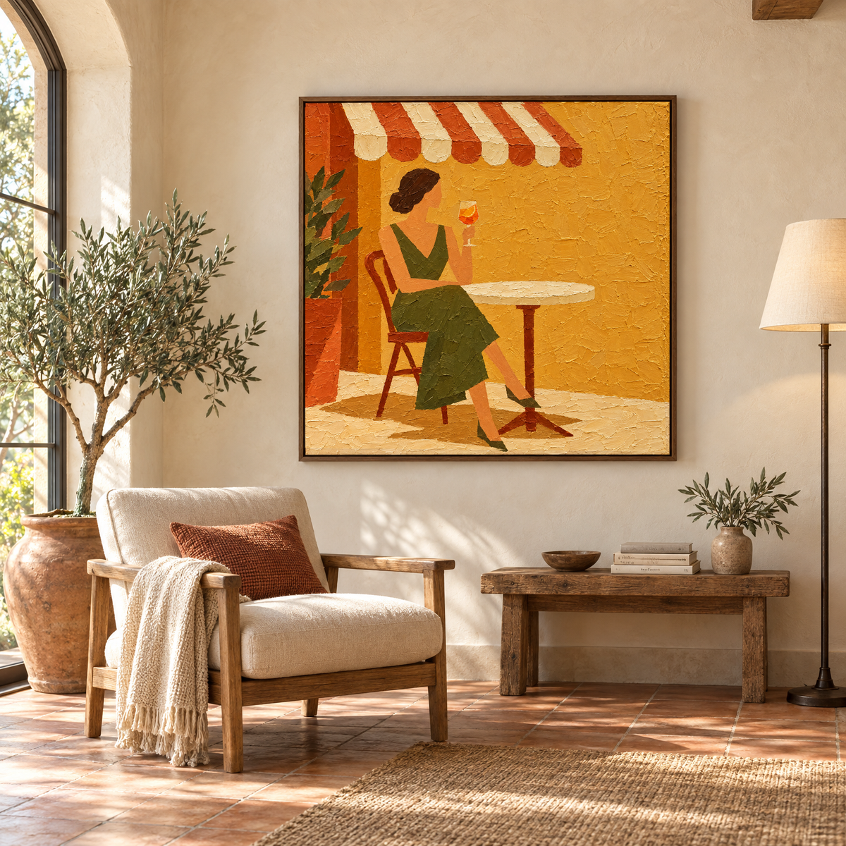 40x40 inch cafe terrace oil painting of a woman with an orange spritz in a walnut frame in a sunlit Mediterranean villa reading corner