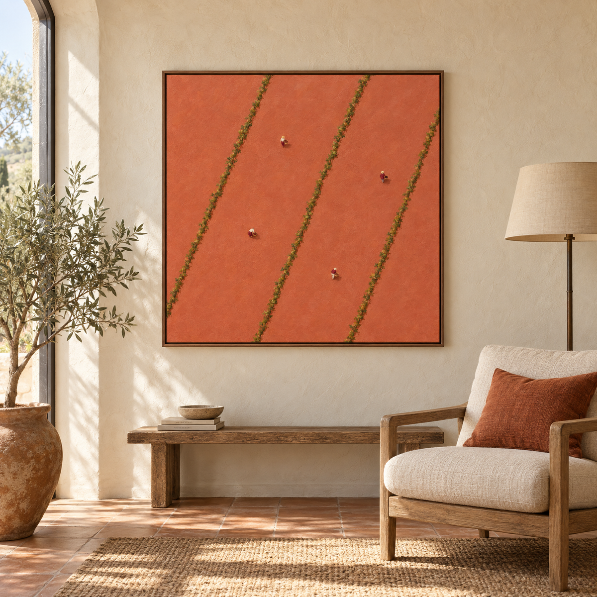 40x40 inch aerial vineyard oil painting with tiny grape pickers between vine rows in a walnut frame in a sunlit Mediterranean villa reading corner