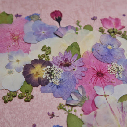 details of 10 inches width 10 inches height pressed flower frame art that has pink theme