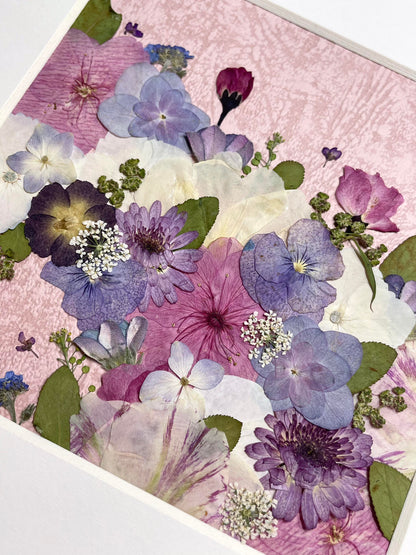 details of 10 inches width 10 inches height pressed flower frame art that has pink theme