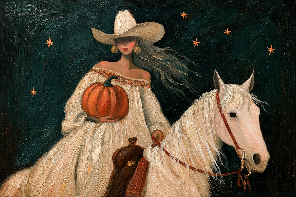 Cowgirl with Pumpkin on White Horse