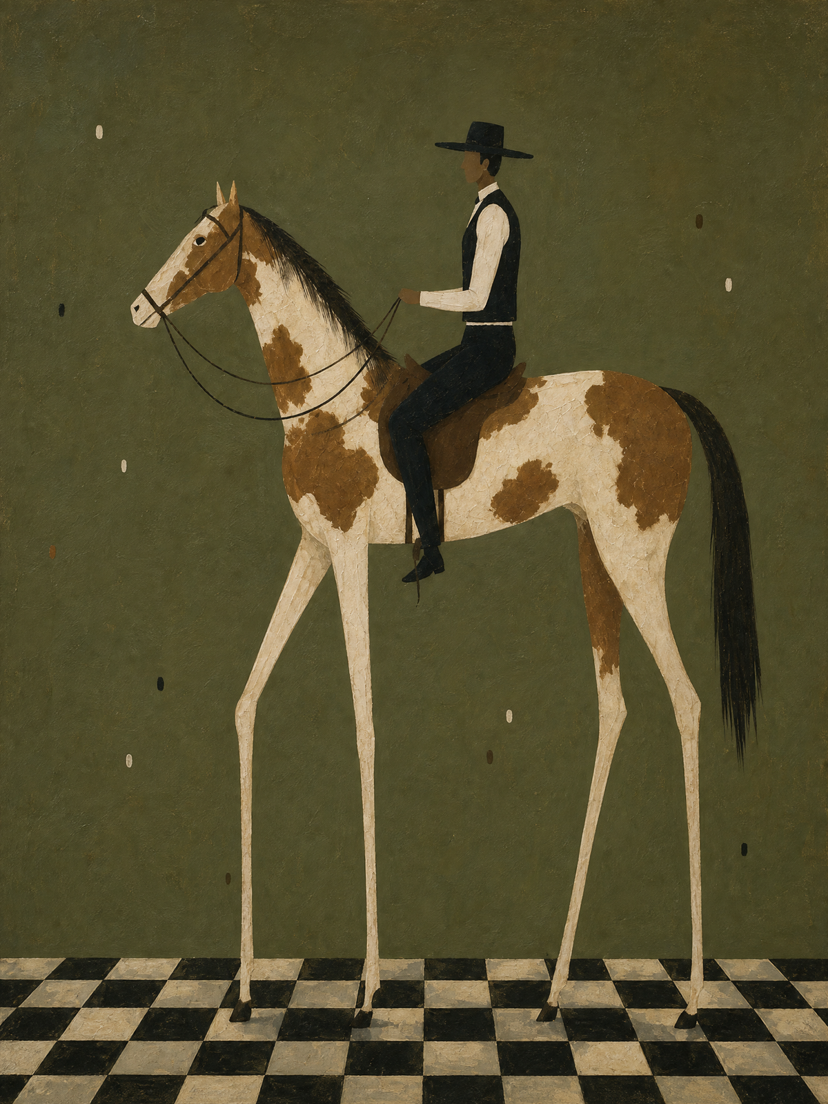 Long-Legged Pinto Rider on Olive Ground