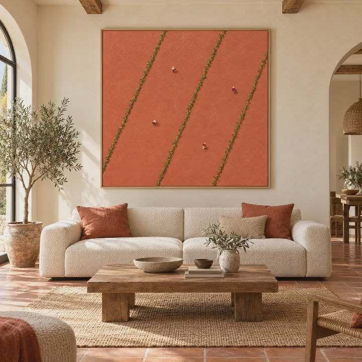 Video of the aerial vineyard oil painting with tiny grape pickers between vine rows
