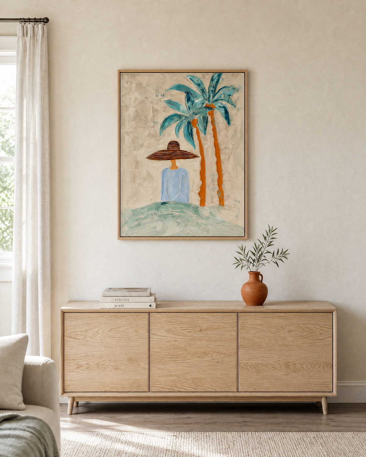 Woman in Sun Hat Beneath Teal Palms