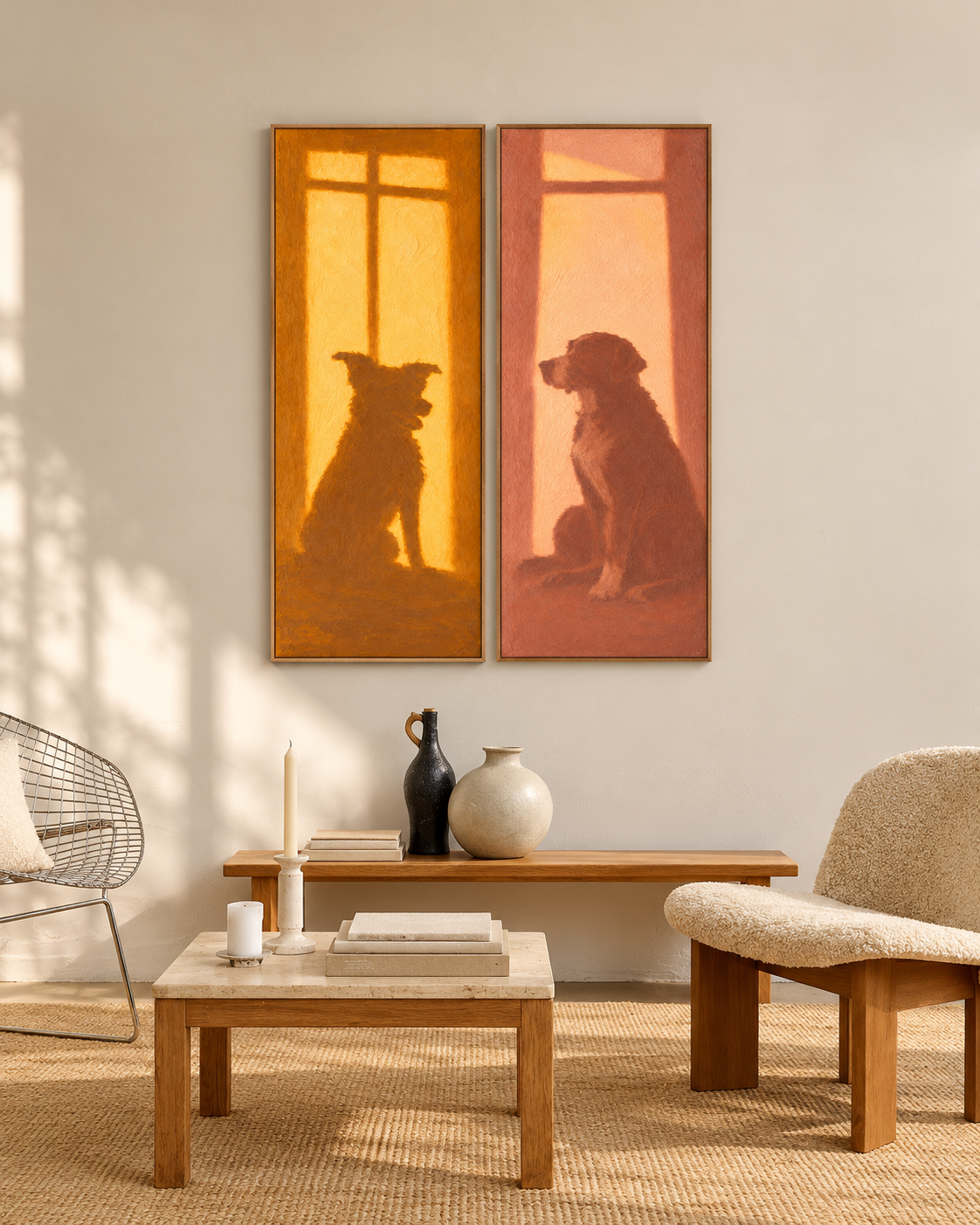 Sunlit Companions — Cat and Dog Diptych