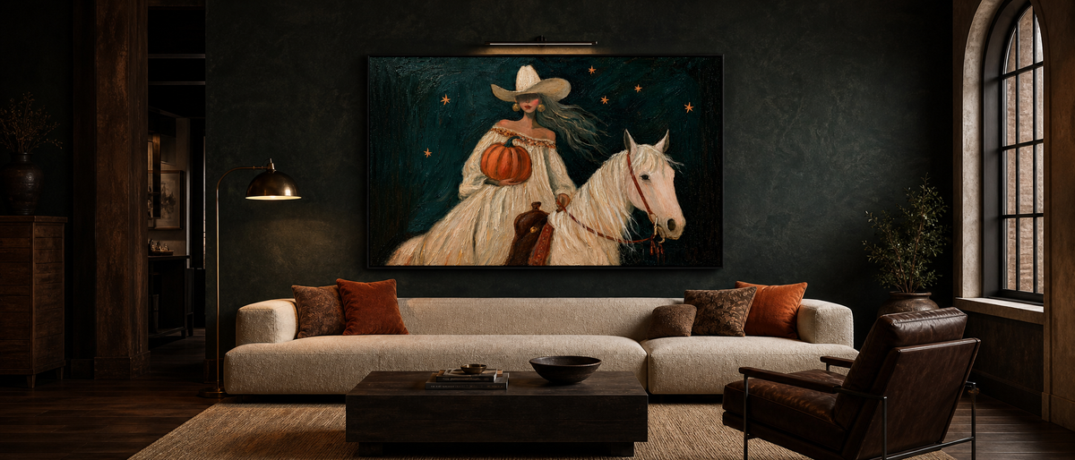 Cowgirl with Pumpkin on White Horse