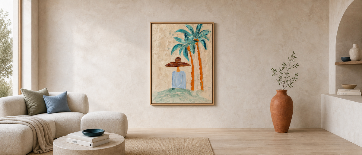 Woman in Sun Hat Beneath Teal Palms