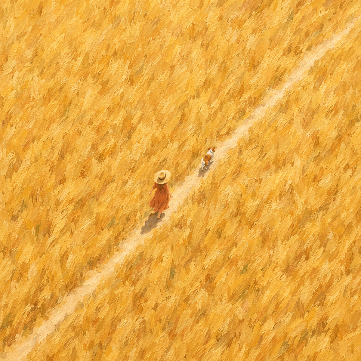 Aerial oil painting of a woman in a straw hat walking a dog through a golden wheat field, full artwork detail